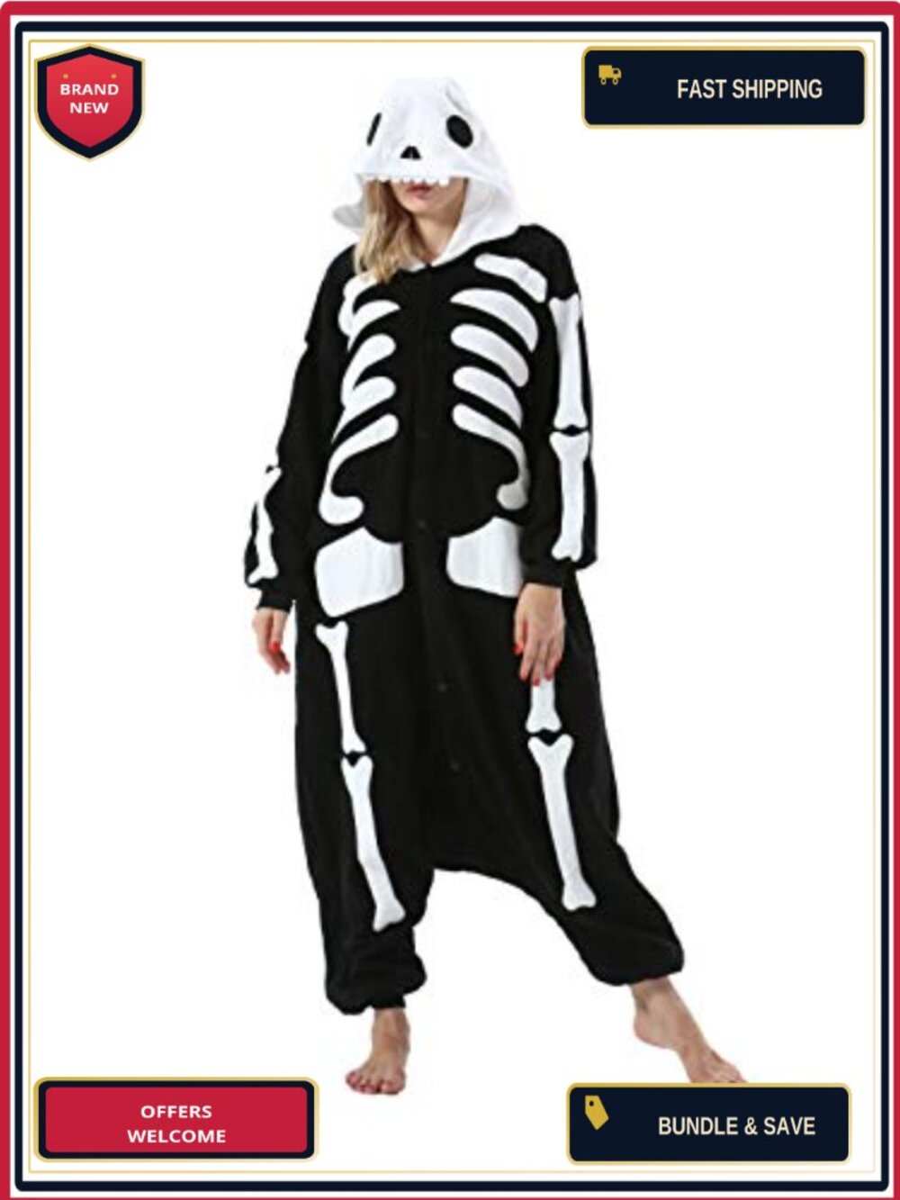 Adult Skeleton One-Piece Pajama Cosplay Halloween Costume Hooded